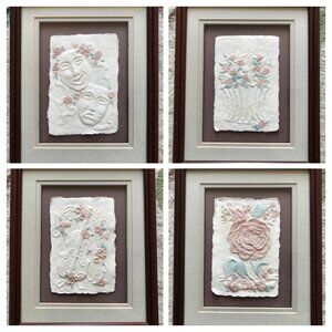 Vintage Framed Hand Cast Paper Artwork - Set of 4 - Figi Graphics - Signed